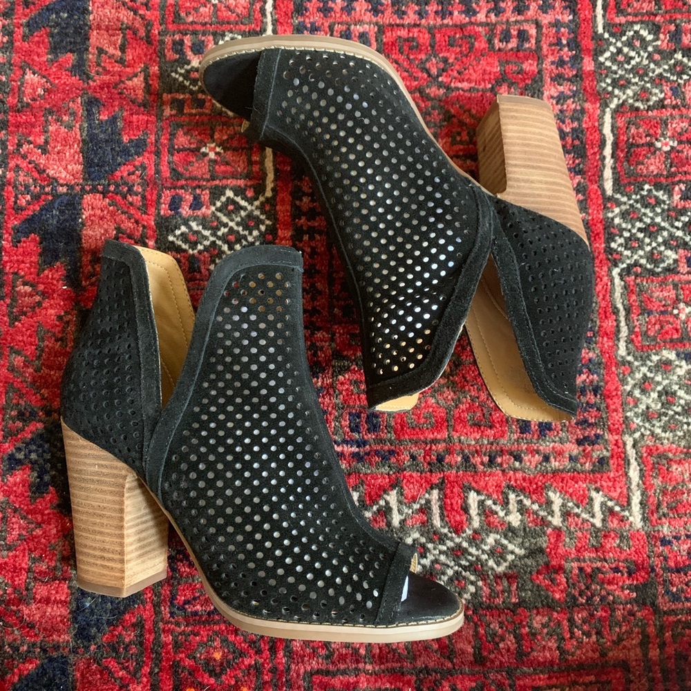 Black suede peep toe booties from Lucky Brand